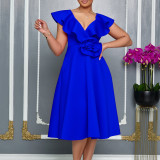 V Neck Floral Ruffle A-line Dress for Women Formal Party Gown