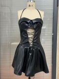 Winter Women’s Solid Color Halter Strapless PU Leather Party Dress