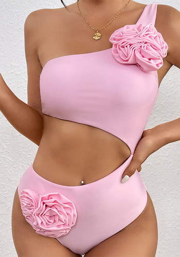 Solid Color One Shoulder Cutout Open Waist Asymmetric One Piece Swimsuit
