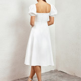 Low Back Lace Up Square Neck Off Shoulder Midi Dress