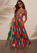 Print Strap Color Block Midi Holiday Dress Print Strap Color Block Midi Holiday Dress