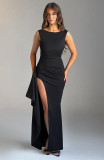 Summer Solid Color Round Neck High Slit Low Back Slim Long Dress