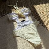 Color Block Floral Cutout Front Halter Low Back One Piece Swimsuit