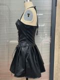 Winter Women’s Solid Color Halter Strapless PU Leather Party Dress