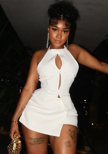 Chic Summer Solid Color Halter Two Piece Skirt Set