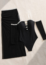 Black Off Shoulder Long Sleeve One Piece Swimsuit Beach Skirt Set