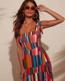 Print Strap Color Block Midi Holiday Dress