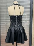 Winter Women’s Solid Color Halter Strapless PU Leather Party Dress