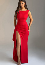 Summer Solid Color Round Neck High Slit Low Back Slim Long Dress