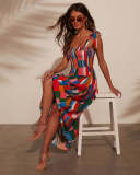 Print Strap Color Block Midi Holiday Dress