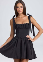 Summer Women’s Square Neck High Waist Pleated Bow Strap A-line Dress