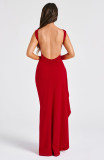 Summer Solid Color Round Neck High Slit Low Back Slim Long Dress