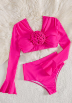 Solid Color Long Sleeve Two Piece Swimsuit High Waist Bikini