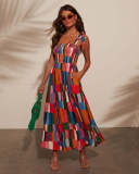 Print Strap Color Block Midi Holiday Dress