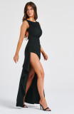 Summer Solid Color Round Neck High Slit Low Back Slim Long Dress