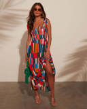 Print Strap Color Block Midi Holiday Dress