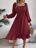Women Spring and Summer Casual Solid Square Neck Long Sleeve Ruffle Dress