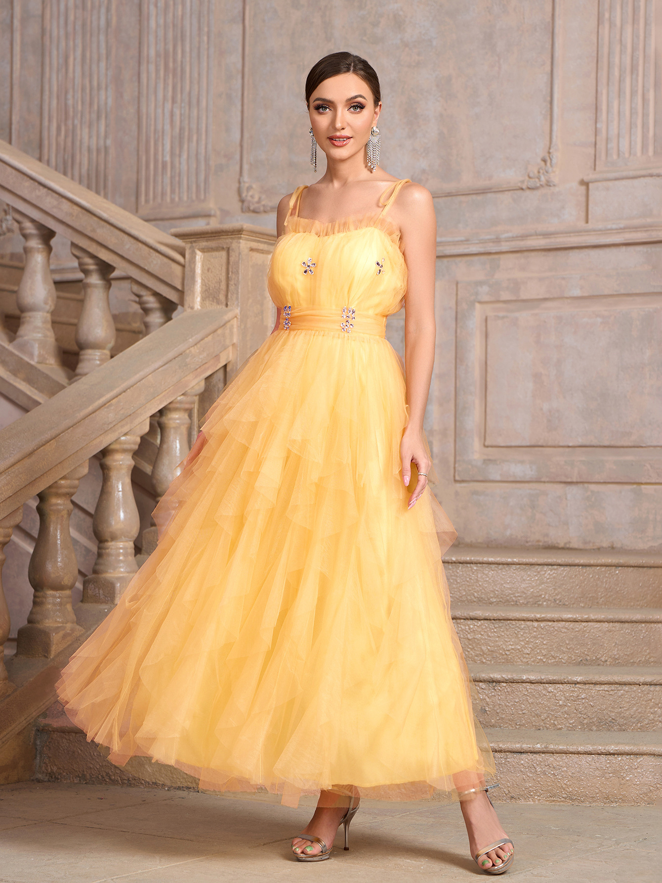 Women yellow suspender Strapless diamond irregular mesh elegant dinner dress