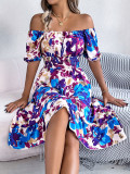 Women Spring and Summer Casual Flower Square Neck Short Sleeve Ruffle Dress