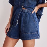 Women Retro Casual Pocket Short Sleeve Shirt and Denim Shorts two-piece set