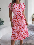 Women Spring and Summer Casual Contrast Heart Print Short Sleeve Pleated Dress