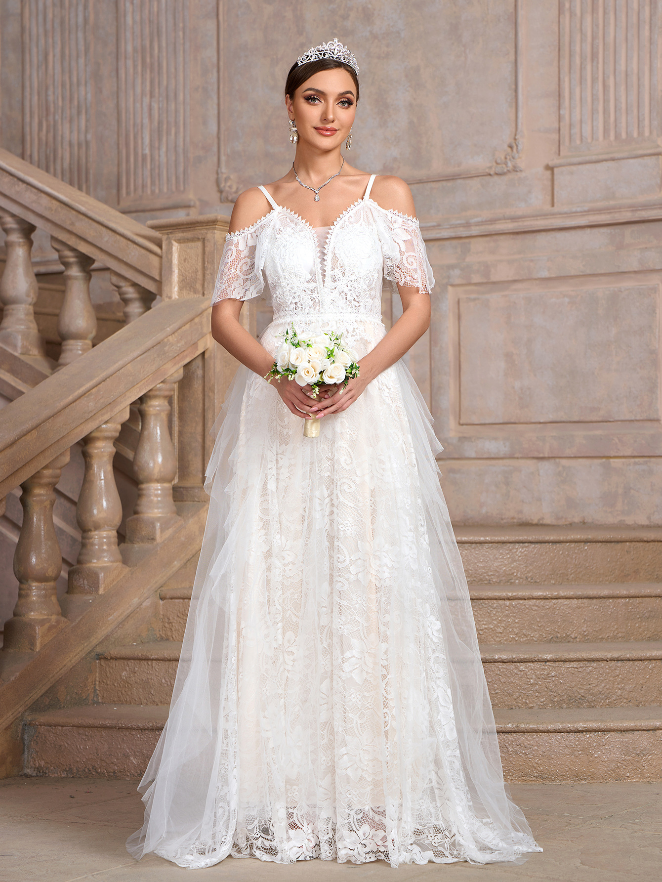 Women white off-shoulder suspender irregular mesh patchwork wedding party bride wedding dress