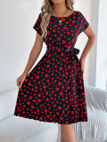 Women Spring and Summer Casual Contrast Heart Print Short Sleeve Pleated Dress
