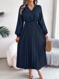 Women Spring and Summer Elegant V-neck Lace Pleated Dress