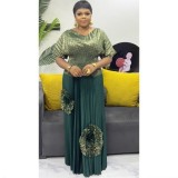 Plus Size African Women Casual Pleated Top and Skirt Two-Piece Set