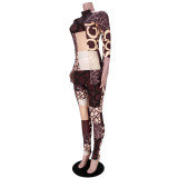 Women high collar letter print top and Pants two-piece set