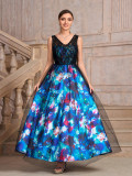 Women blue sleeveless v-neck printed black mesh patchwork flower print dress