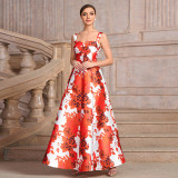 Women red square neck printed dinner dress