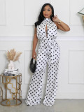 Women Sleeveless Halter Neck Lace-Up Polka Dot Jumpsuit