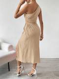 Women Spring and Summer Elegant Sexy Sleeveless One Shoulder Slash Shoulder Solid Slit Dress