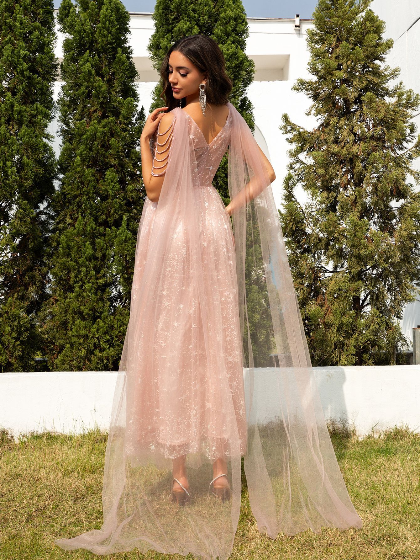 Women pink mesh sequin patchwork formal dinner dress