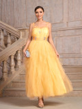 Women yellow suspender Strapless diamond irregular mesh elegant dinner dress