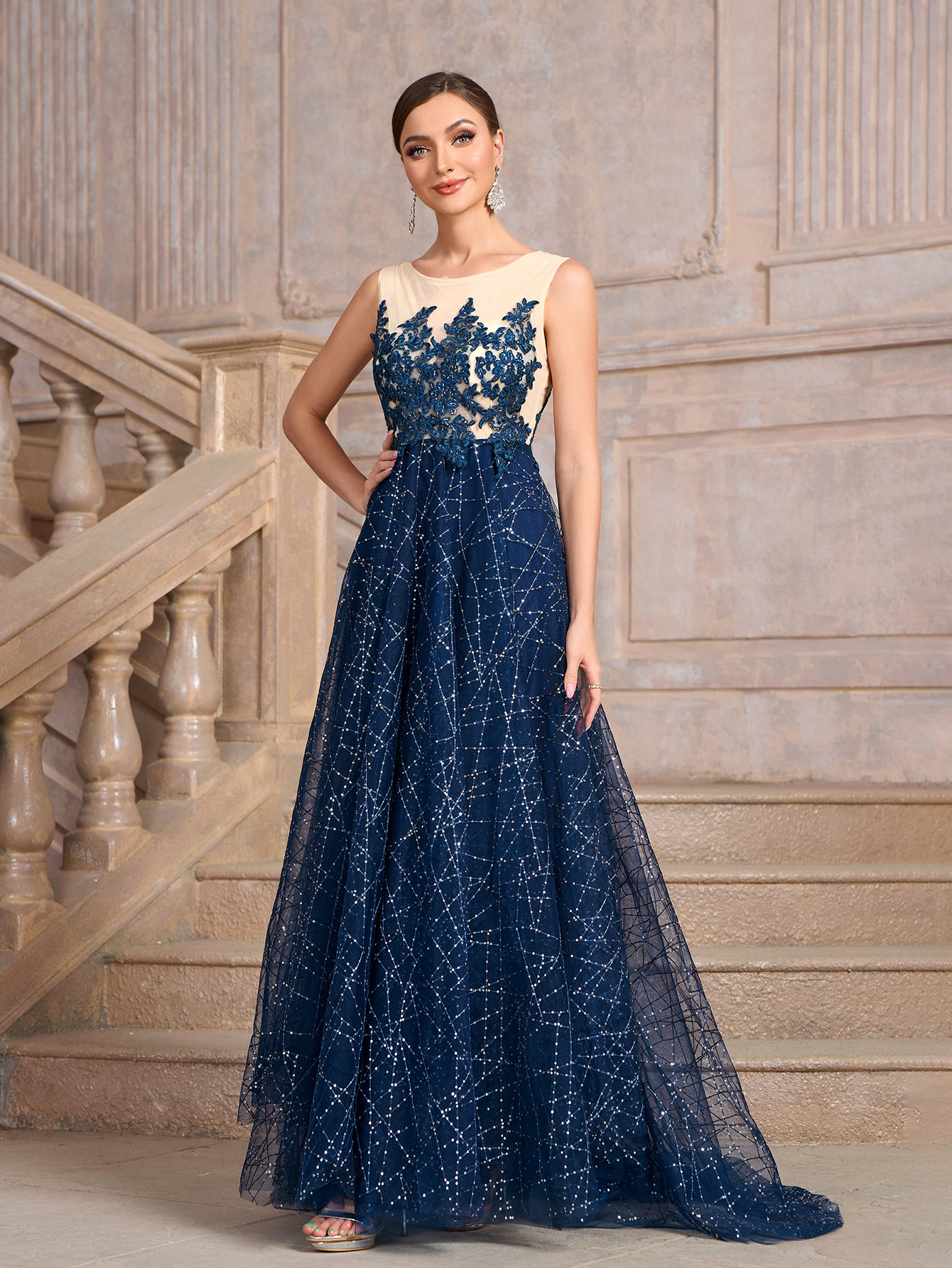 Women blue Round Neck Mesh sequin patchwork dinner dress