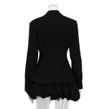 Women Turndown Collar Blazer and Pleated Tutu Skirt Two-Piece Set
