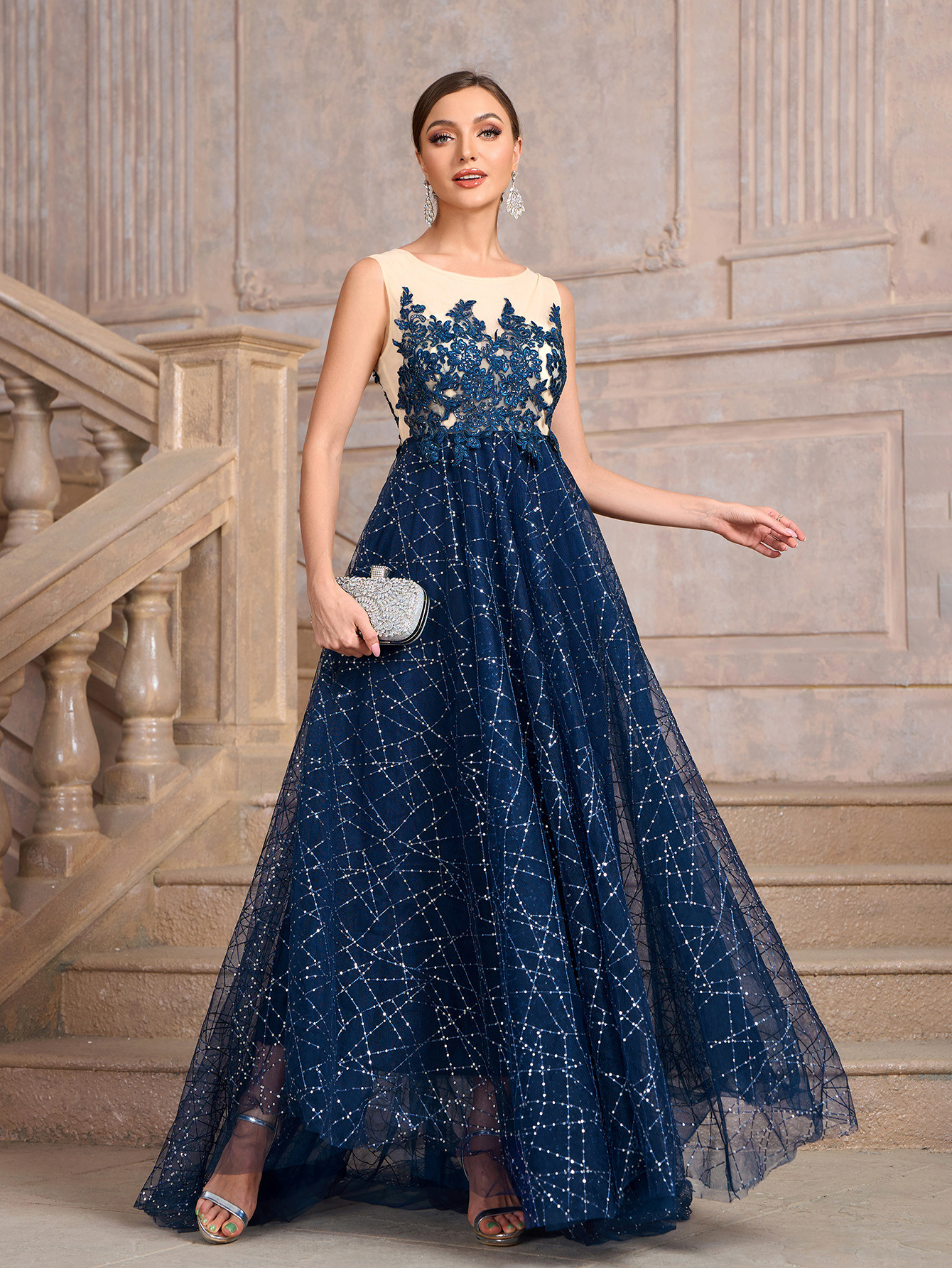 Women blue Round Neck Mesh sequin patchwork dinner dress