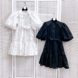 Women Round Neck Vintage Jacquard Puff Sleeve Casual Belt Dress