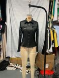 Women sexy black lace patchwork Pu-Leather Top shirt