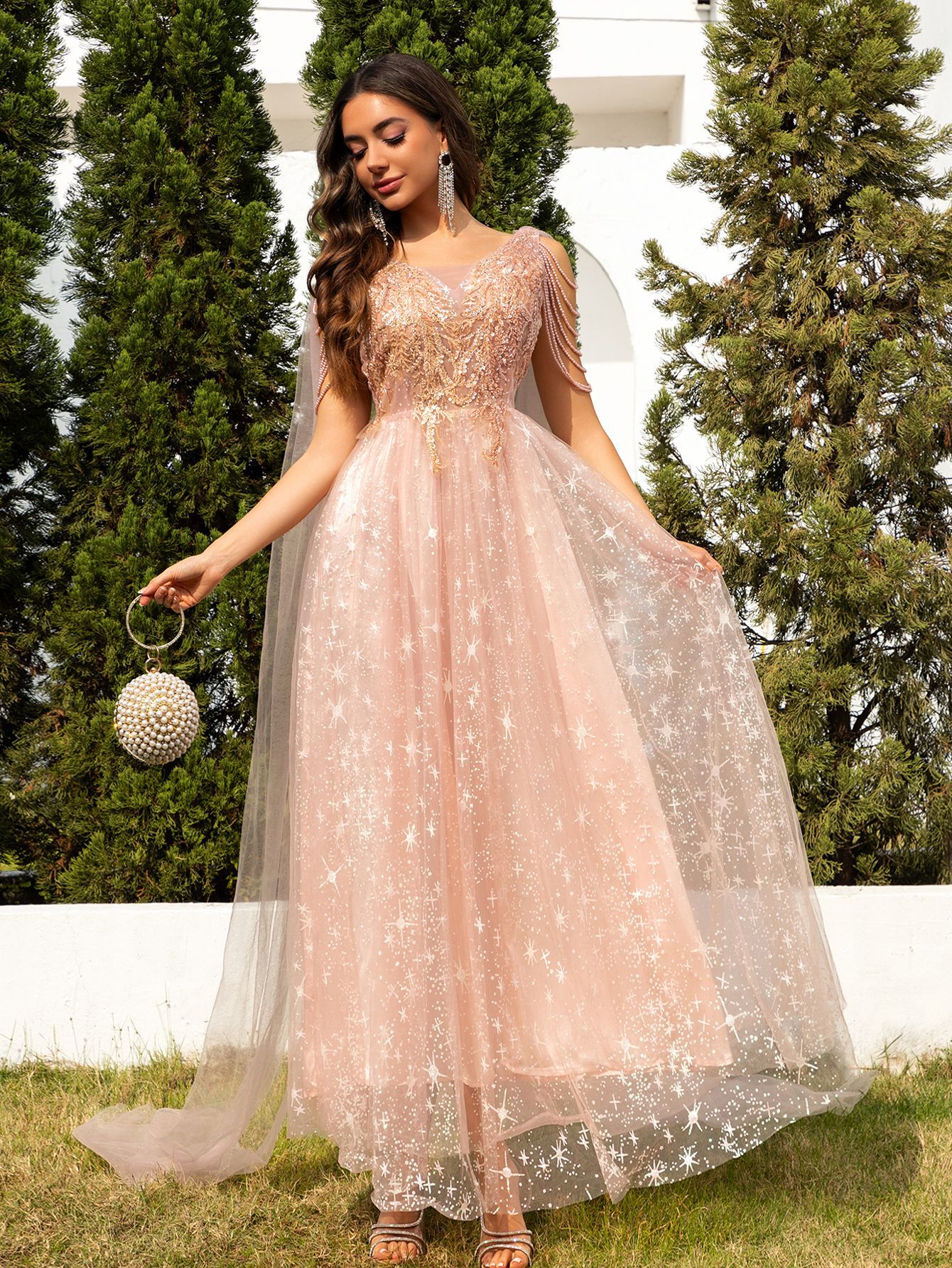 Women pink mesh sequin patchwork formal dinner dress