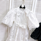 Women Round Neck Vintage Jacquard Puff Sleeve Casual Belt Dress