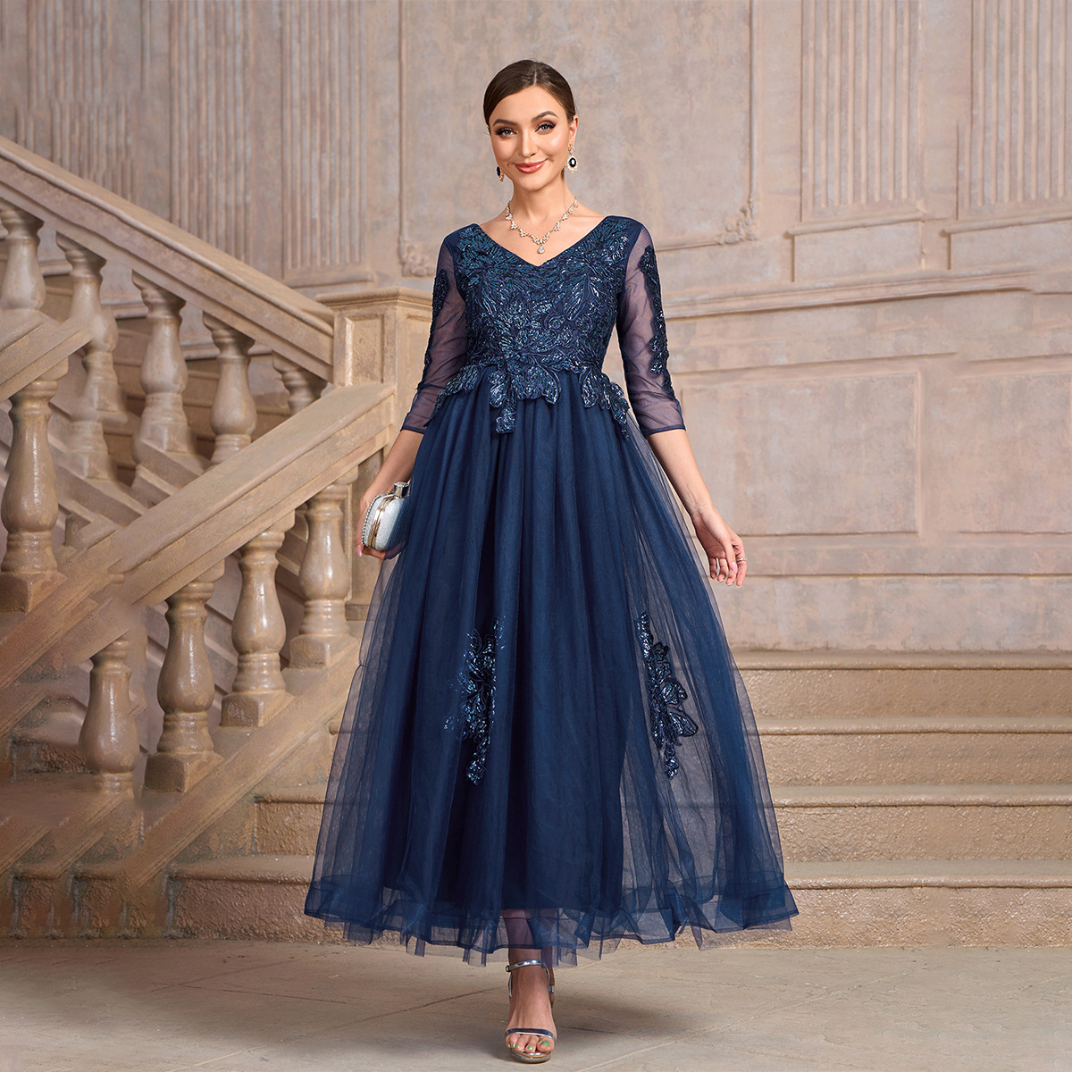 Women blue v-neck meshlace patchwork luxury party dress