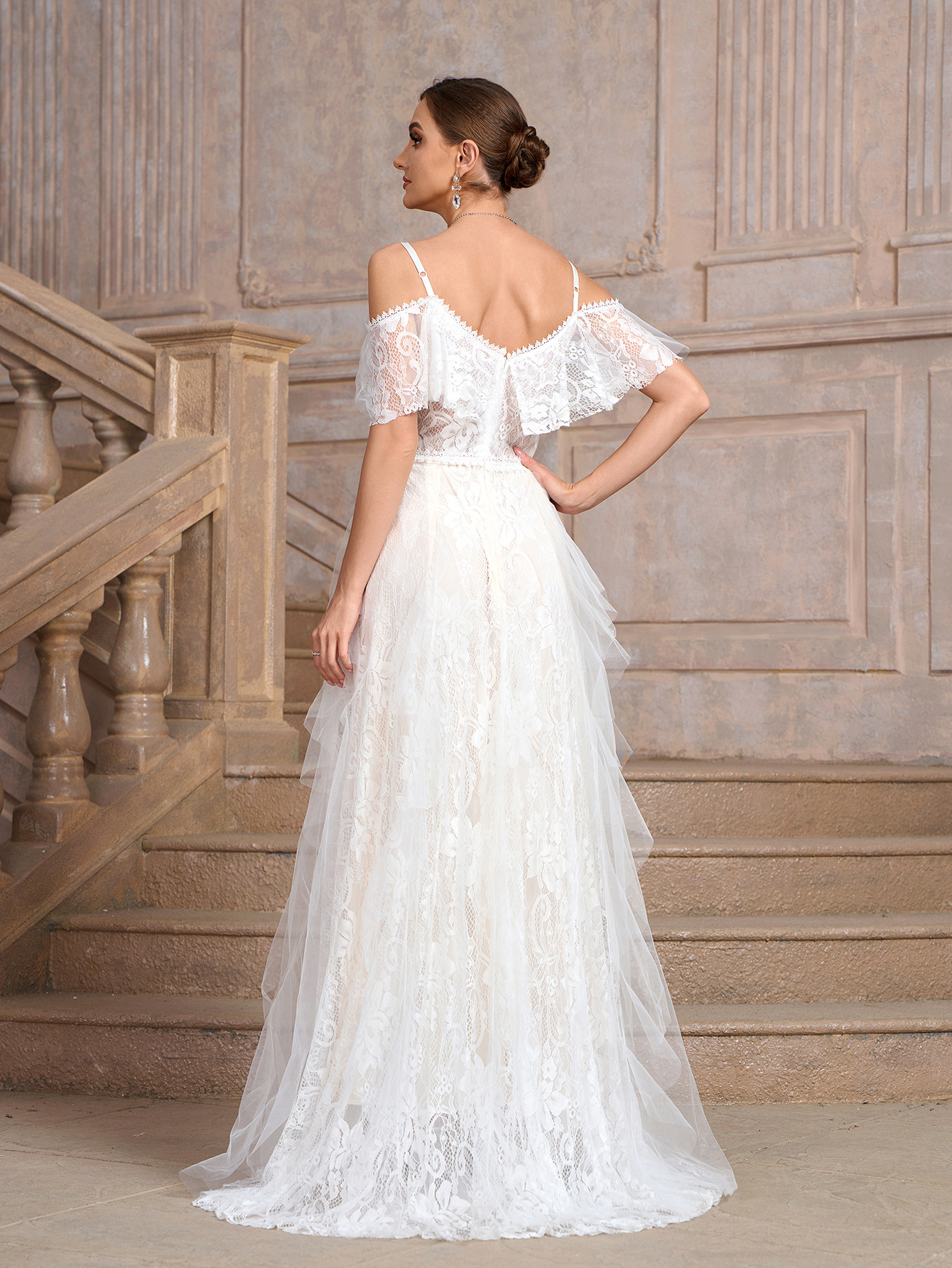 Women white off-shoulder suspender irregular mesh patchwork wedding party bride wedding dress