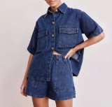 Women Retro Casual Pocket Short Sleeve Shirt and Denim Shorts two-piece set