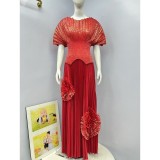 Plus Size African Women Casual Pleated Top and Skirt Two-Piece Set