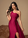 Women sleeveless one-shoulder sexy slit evening dress