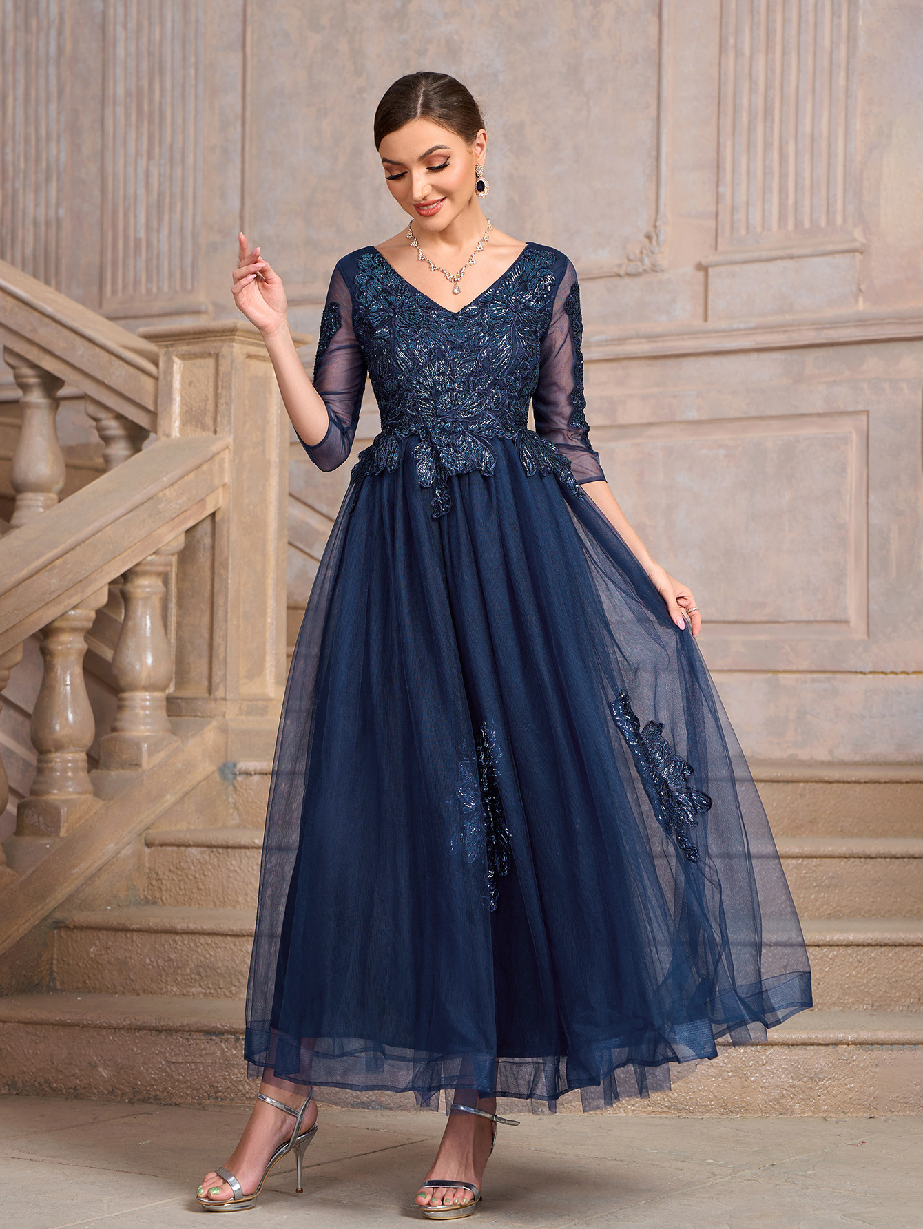 Women blue v-neck meshlace patchwork luxury party dress