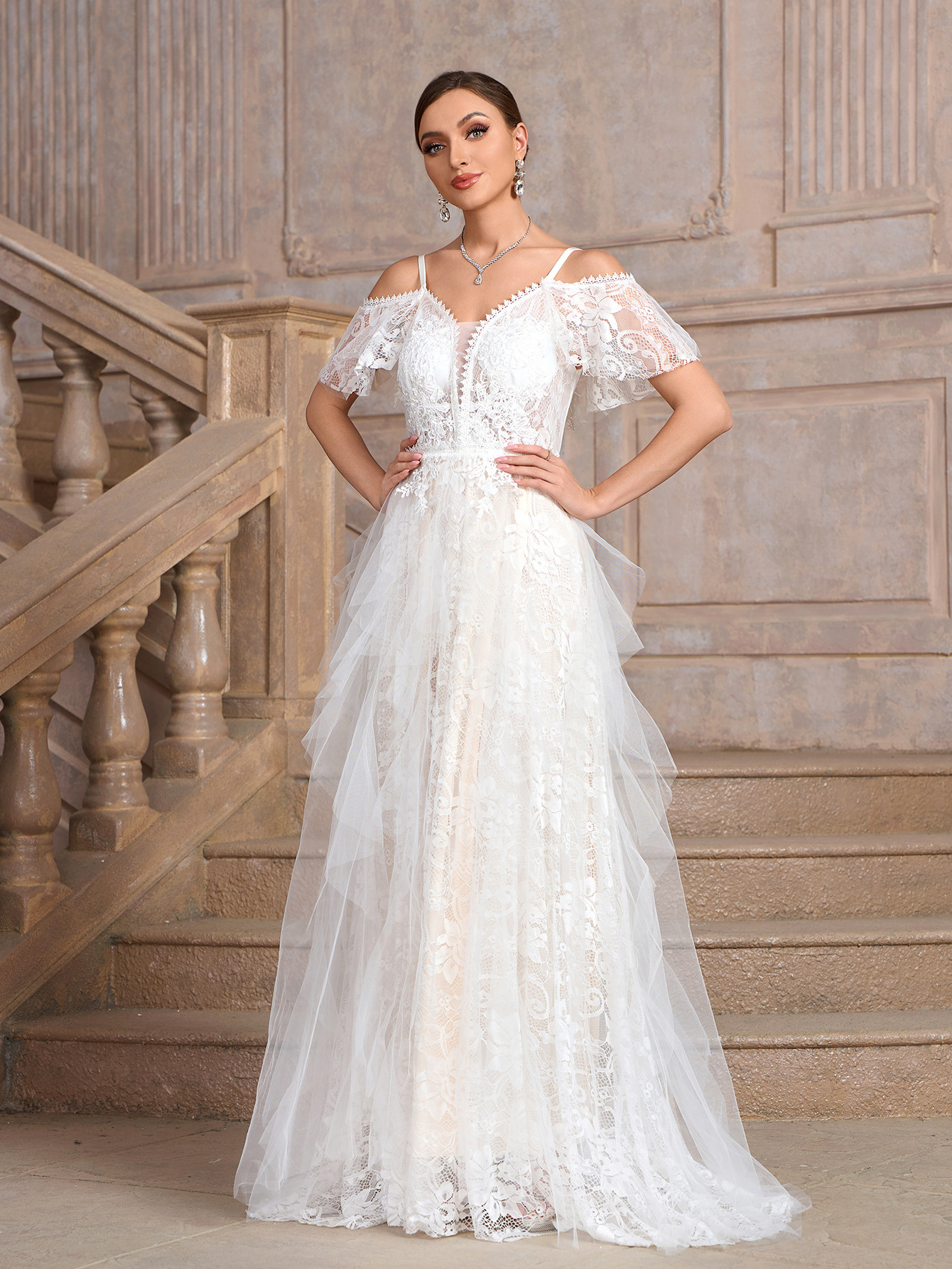 Women white off-shoulder suspender irregular mesh patchwork wedding party bride wedding dress